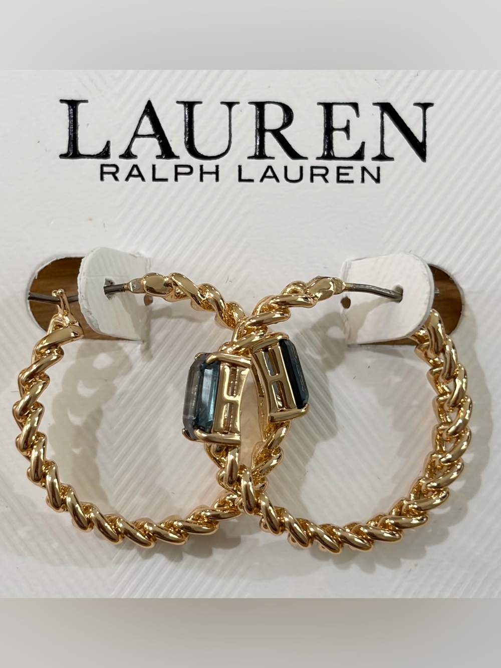NWT Ralph Lauren Gold-Tone Twisted Hoop Earrings with Blue Stones